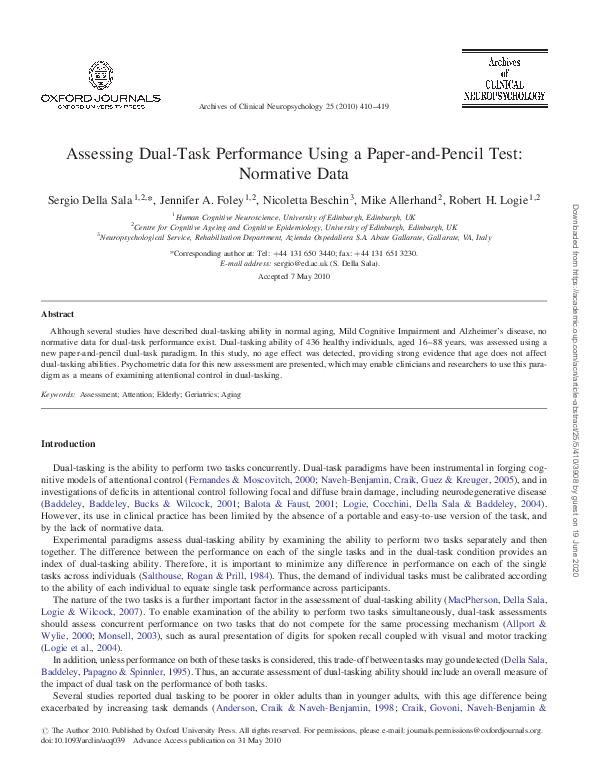 (PDF) Assessing Dual-Task Performance Using a Paper-and-Pencil Test ...