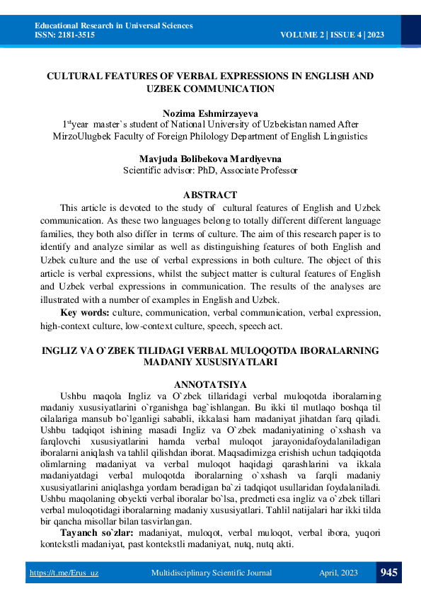 (PDF) Cultural Features of Verbal Expressions in English and Uzbek ...