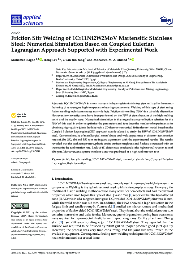 (PDF) Friction Stir Welding of 1Cr11Ni2W2MoV Martensitic Stainless ...
