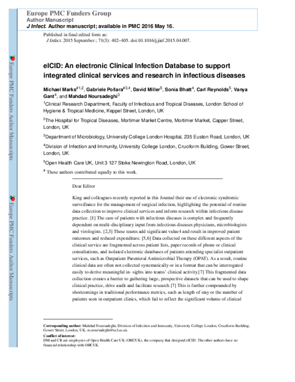 (PDF) elCID: An electronic Clinical Infection Database to support ...