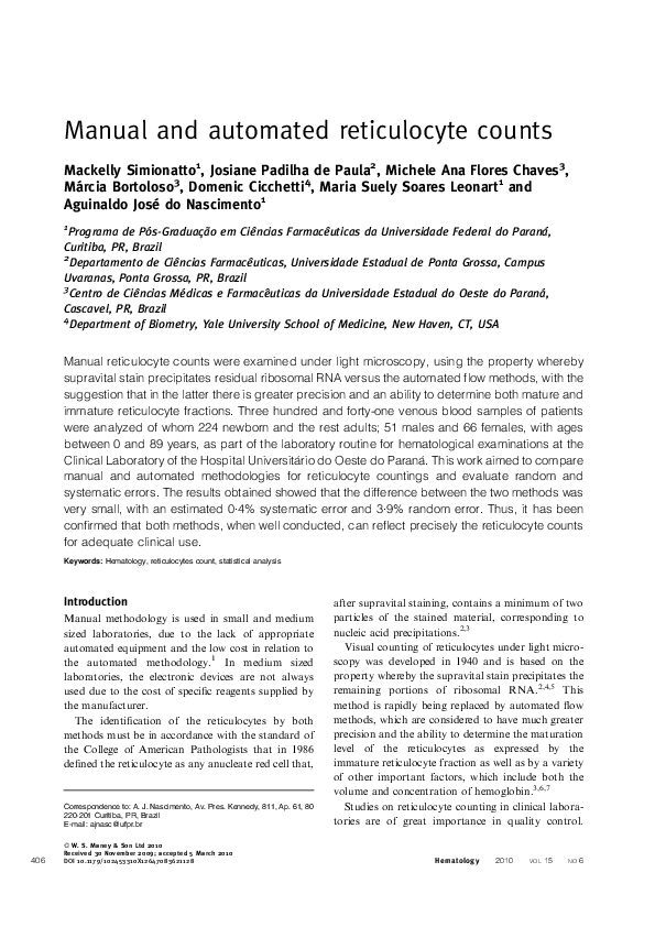 (PDF) Manual and automated reticulocyte counts