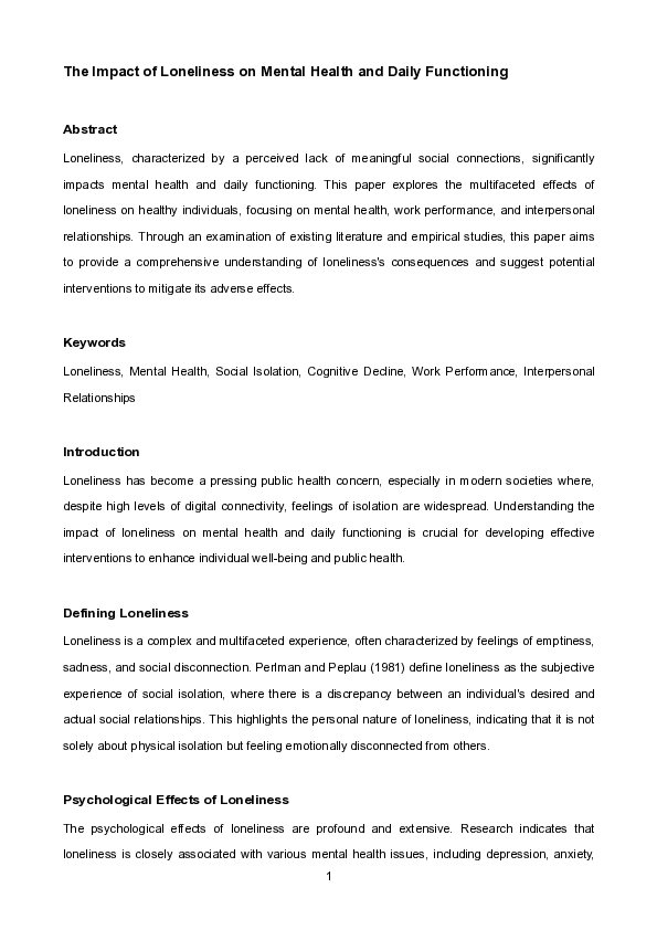 (PDF) The Impact of Loneliness on Mental Health and Daily Functioning