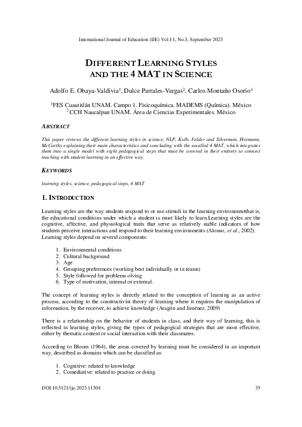 (PDF) Different Learning Styles and the 4 MAT in Science