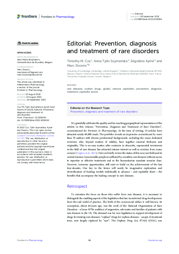 (PDF) Editorial: Prevention, diagnosis and treatment of rare disorders