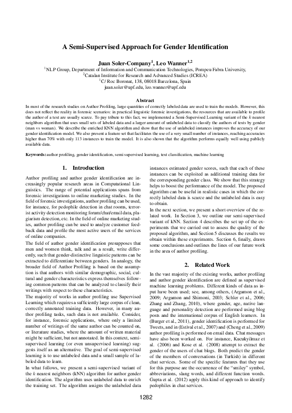 (PDF) A Semi-Supervised Approach for Gender Identification