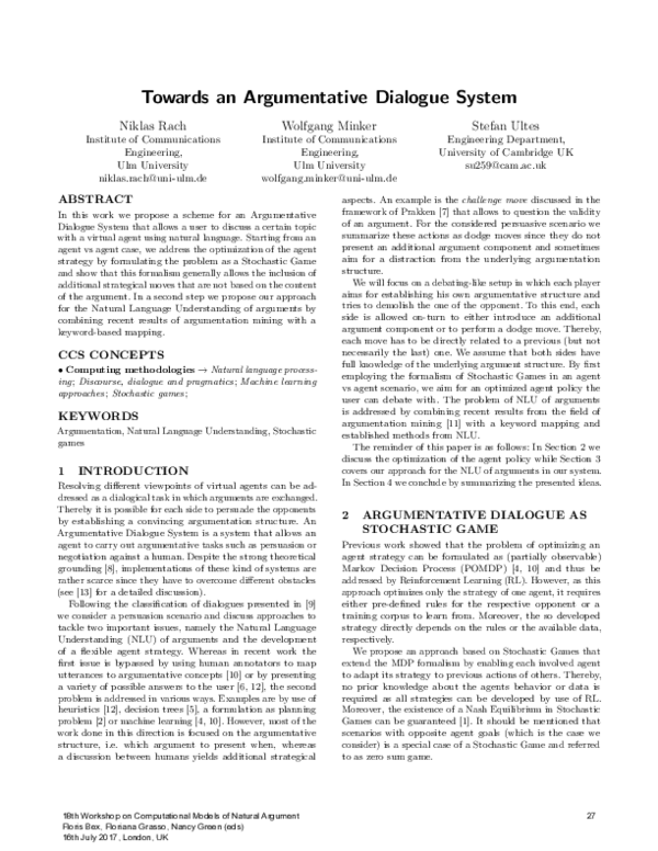 (PDF) Towards an argumentative dialogue system