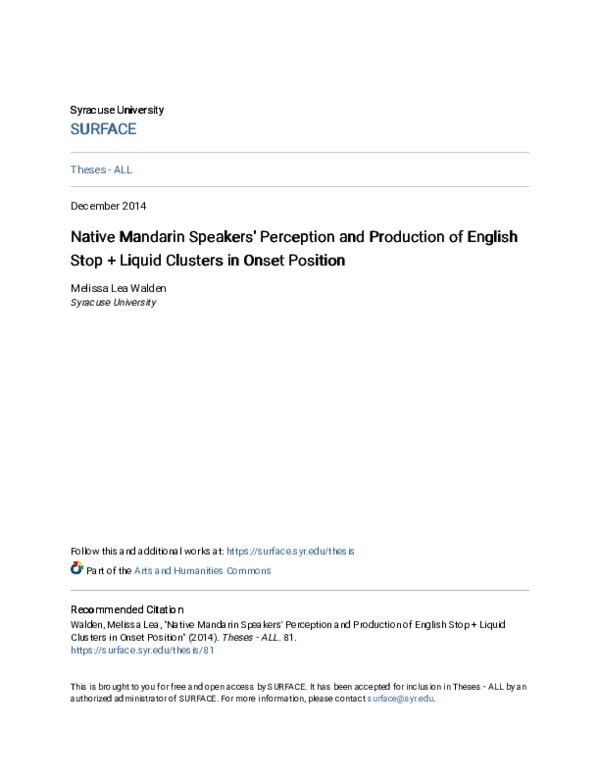 (PDF) Native Mandarin Speakers\u27 Perception and Production of English ...