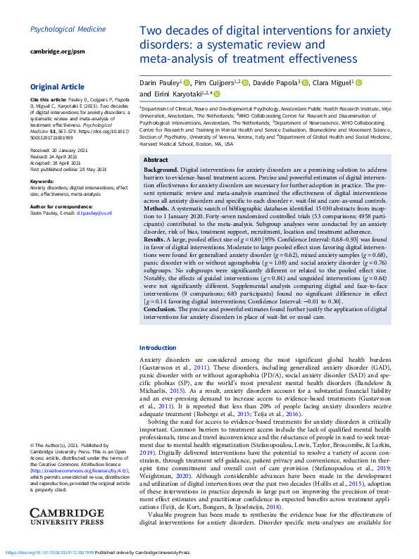 (PDF) Two decades of digital interventions for anxiety disorders: a ...