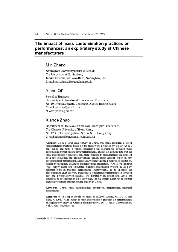 (PDF) The impact of mass customisation practices on performances: an ...