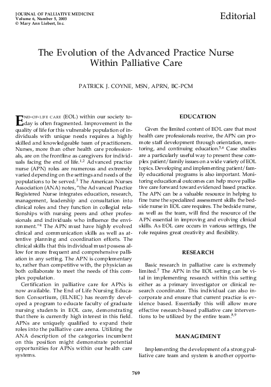 (PDF) The Evolution of the Advanced Practice Nurse Within Palliative Care