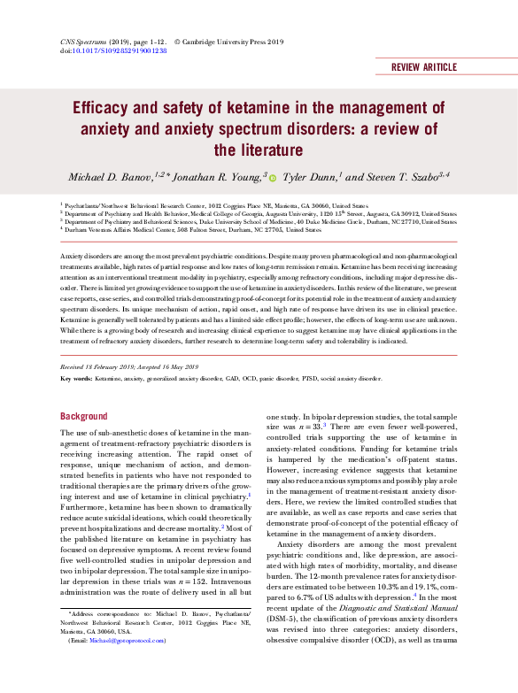 (PDF) Efficacy and safety of ketamine in the management of anxiety and ...