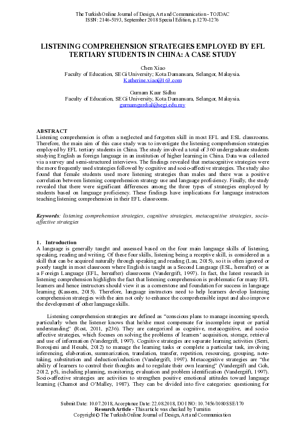 (PDF) Listening Comprehension Strategies Employed by EFL Tertiary ...