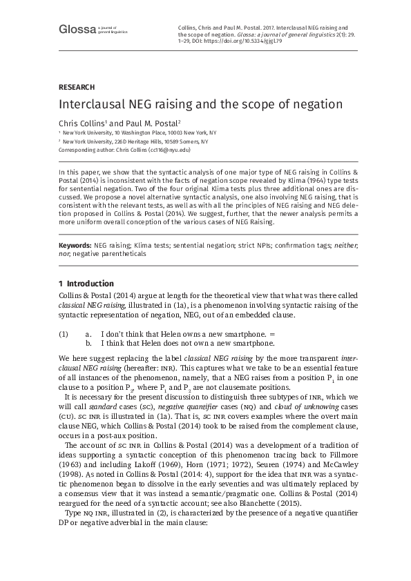 (PDF) Interclausal NEG raising and the scope of negation