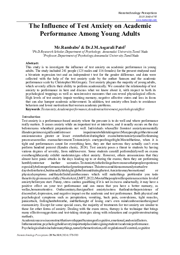 (PDF) The Influence of Test Anxiety on Academic Performance Among Young ...