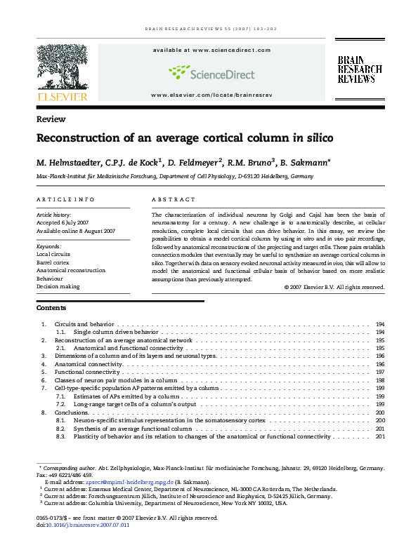 (PDF) Reconstruction of an average cortical column in silico