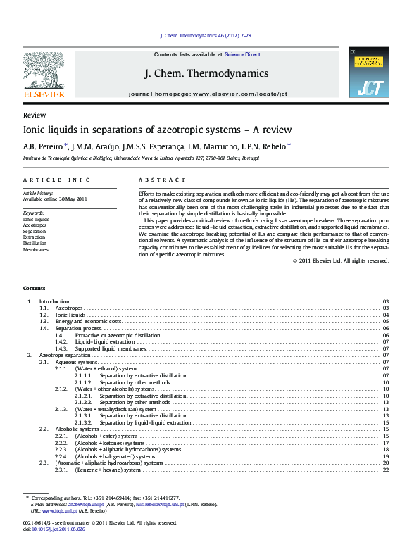 (PDF) Applications of Ionic Liquids in Azeotropic Mixtures Separations