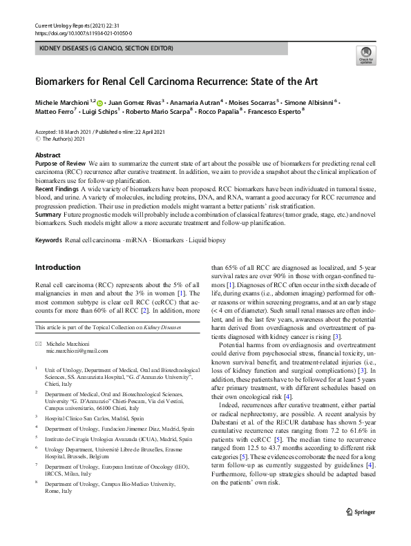 (PDF) Biomarkers for Renal Cell Carcinoma Recurrence: State of the Art