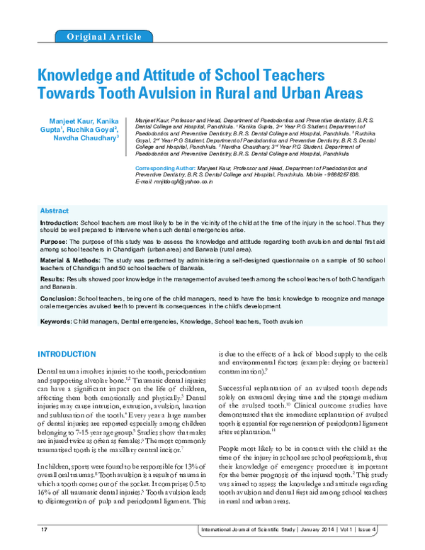 (PDF) Knowledge and Attitude of School Teachers Towards Tooth Avulsion ...