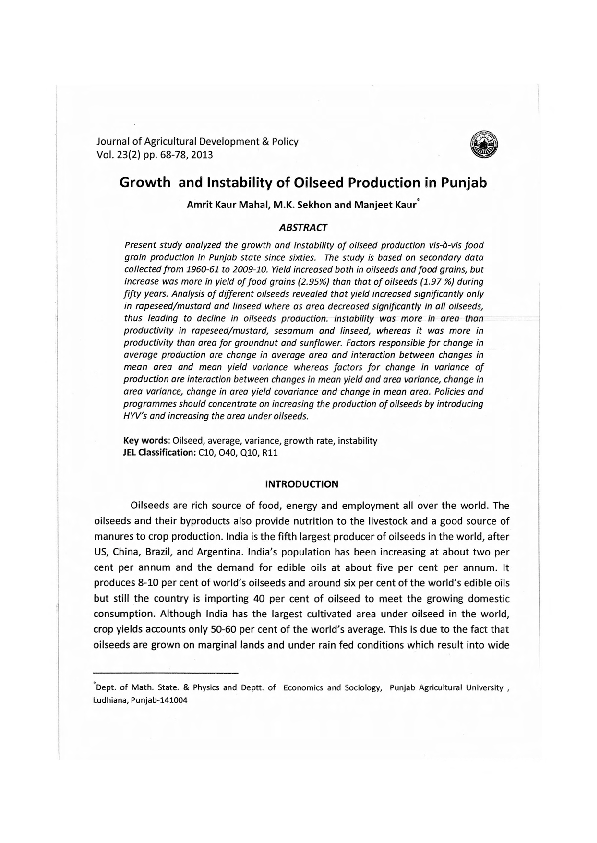 (PDF) Growth and Instability of Oilseed Production in Punjab