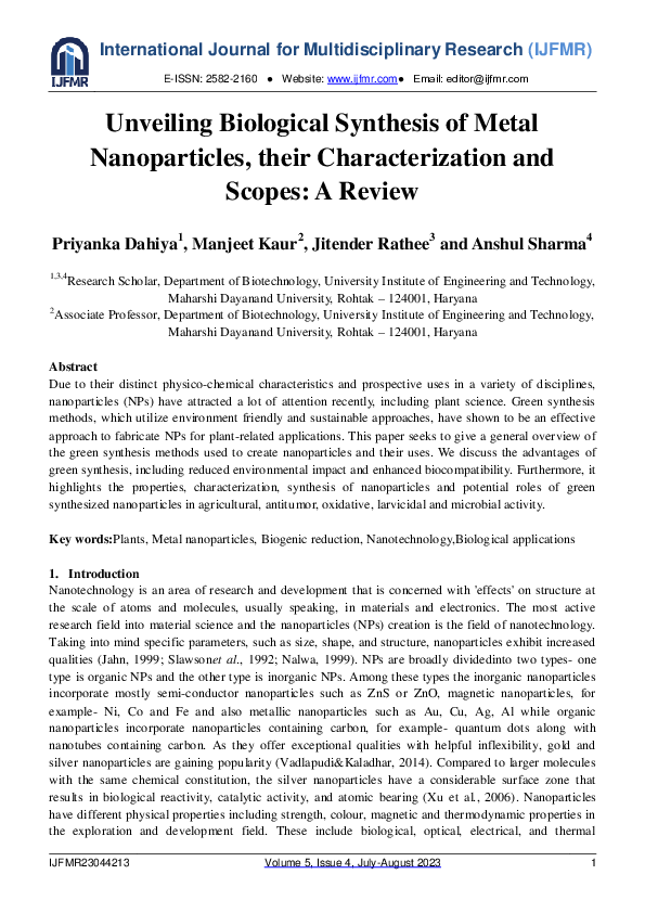 (PDF) Unveiling Biological Synthesis of Metal Nanoparticles, their ...