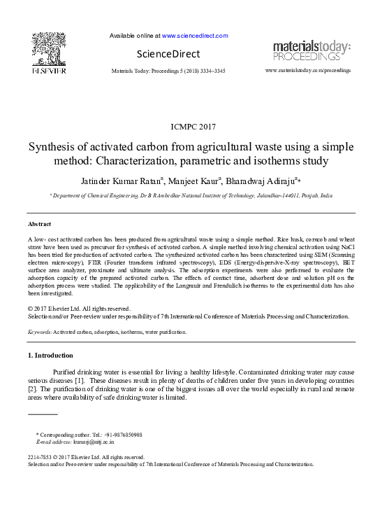 (PDF) Synthesis of activated carbon from agricultural waste using a ...