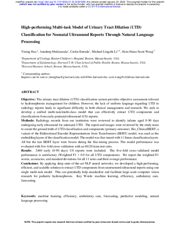 (PDF) High-Performing Multi-Task Model of Urinary Tract Dilation (UTD ...
