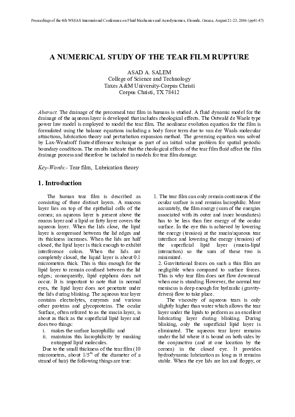 (PDF) A Numerical Study of the Tear Film Rupture
