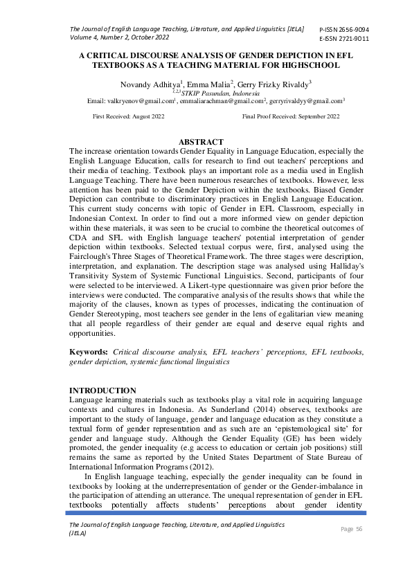 (PDF) A Critical Discourse Analysis of Gender Depiction in Efl ...