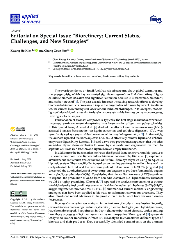 (PDF) Editorial on Special Issue “Biorefinery: Current Status ...
