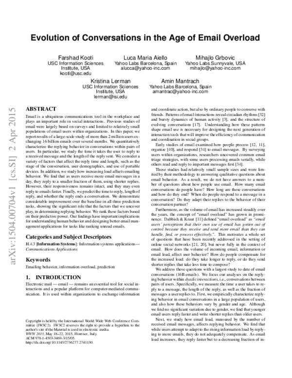 (PDF) Evolution of Conversations in the Age of Email Overload