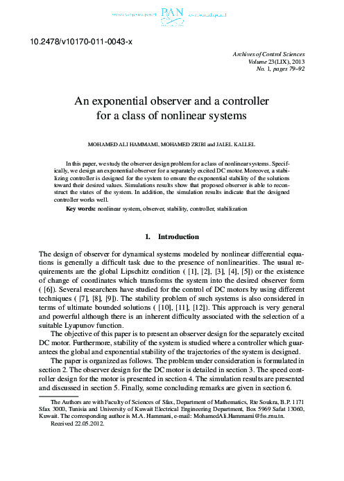 (PDF) An exponential observer and a controller for a class of nonlinear ...