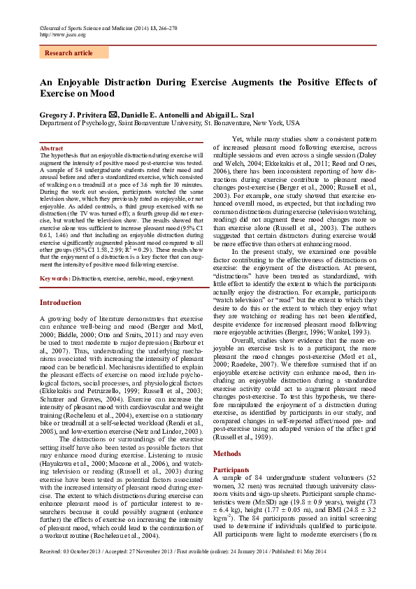 (PDF) An enjoyable distraction during exercise augments the positive ...