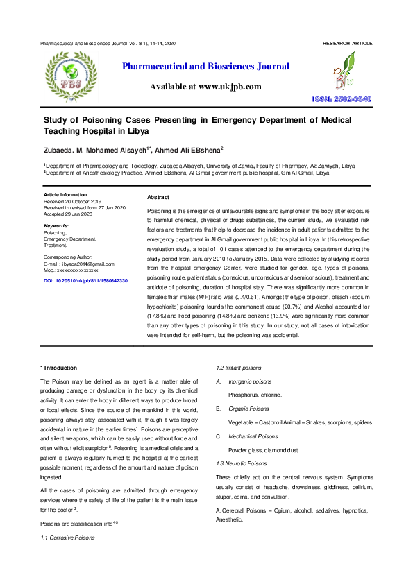 (PDF) Study of Poisoning Cases Presenting in Emergency Department of ...
