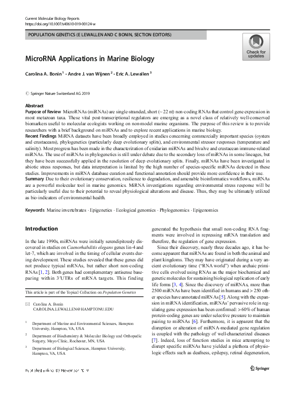 (PDF) MicroRNA Applications in Marine Biology