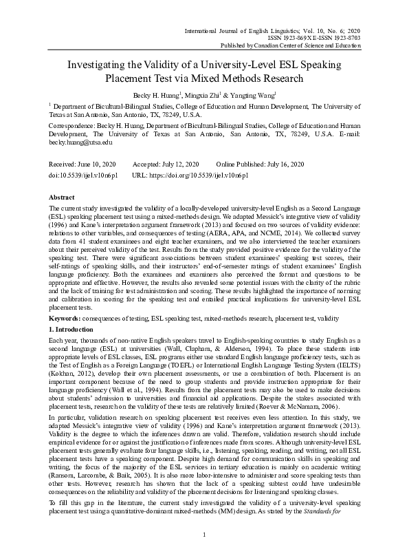 (PDF) Investigating the Validity of a University-Level ESL Speaking ...