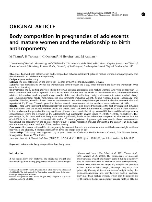 (PDF) Body composition in pregnancies of adolescents and mature women ...