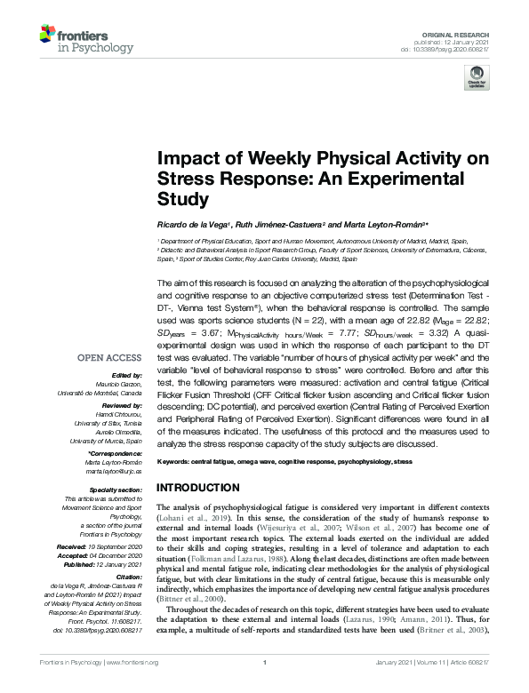 (PDF) Impact of Weekly Physical Activity on Stress Response: An ...