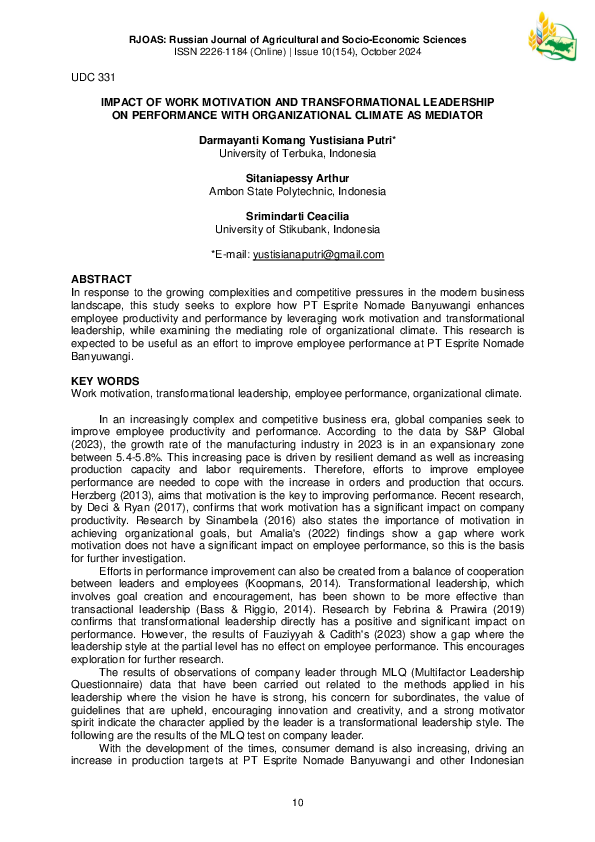 (PDF) IMPACT OF WORK MOTIVATION AND TRANSFORMATIONAL LEADERSHIP ON ...