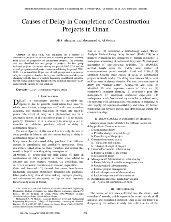 (PDF) Causes of Delay in Completion of Construction Projects in Oman