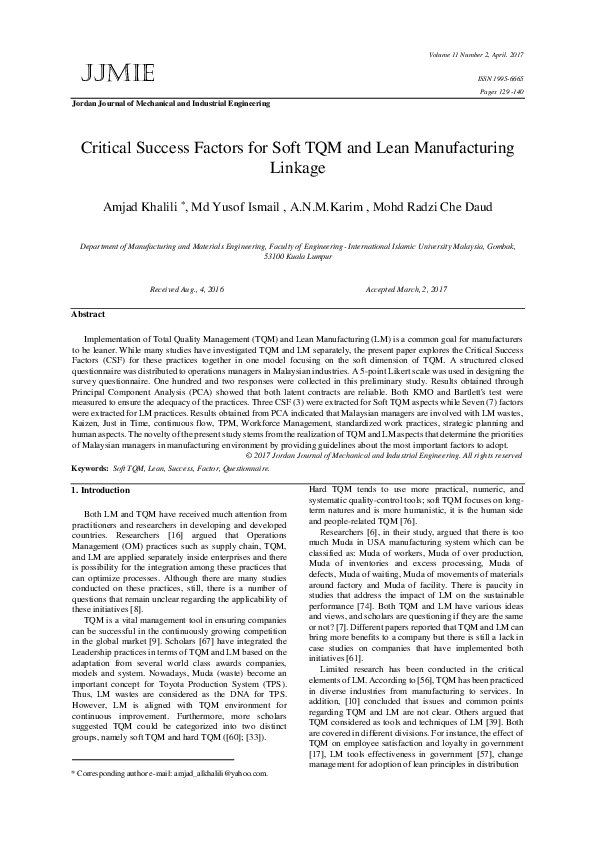 (PDF) Critical Success Factors for Soft TQM and Lean Manufacturing Linkage