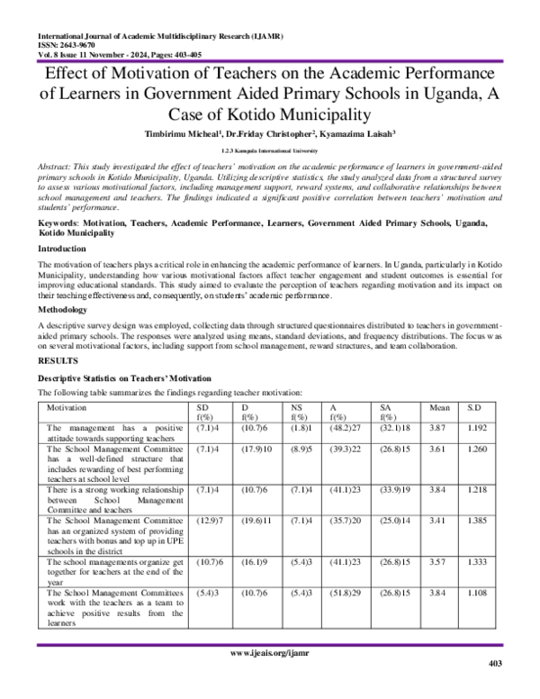 (PDF) Effect of Motivation of Teachers on the Academic Performance of ...