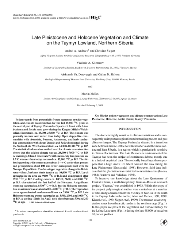 (PDF) Late Pleistocene and Holocene Vegetation and Climate on the ...