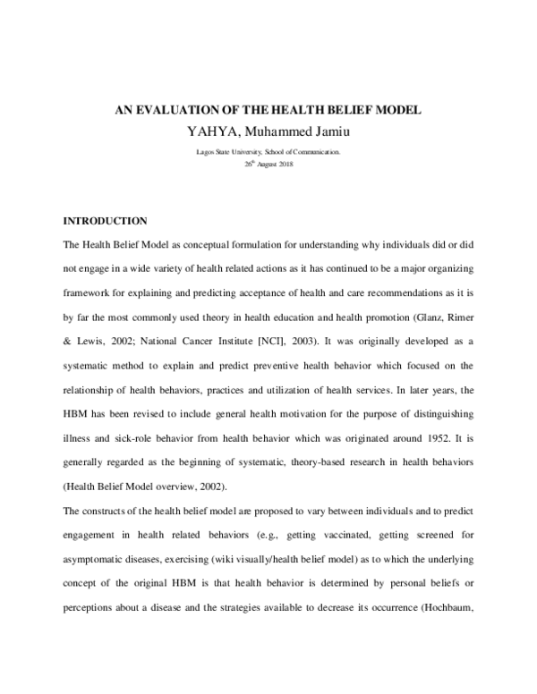 (PDF) AN EVALUATION OF THE HEALTH BELIEF MODEL