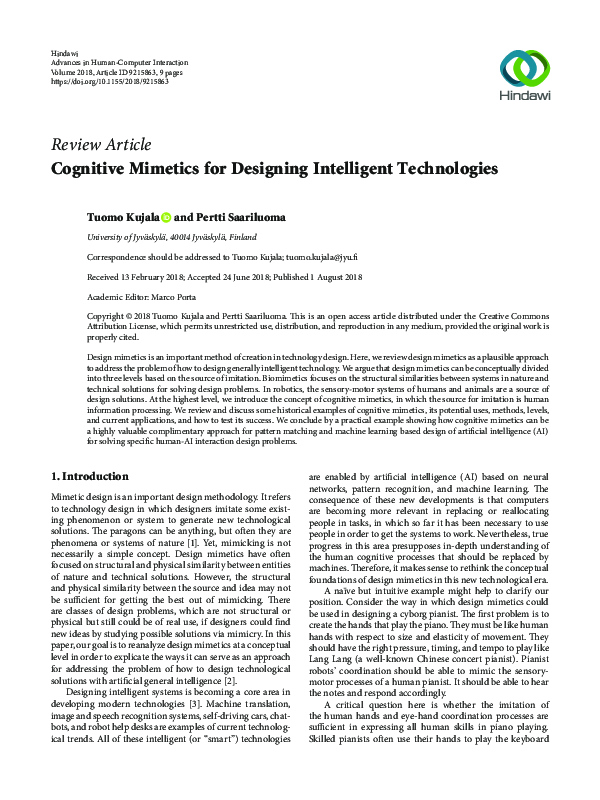 (PDF) Cognitive Mimetics for Designing Intelligent Technologies