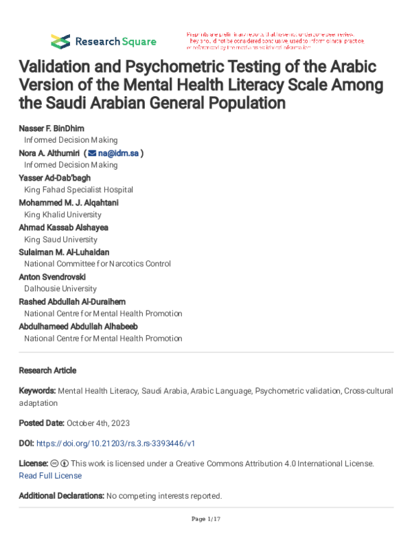 (PDF) Validation and Psychometric Testing of the Arabic Version of the ...