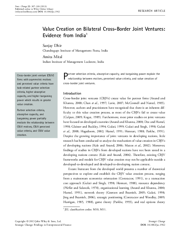 (PDF) Value Creation on Bilateral Cross‐Border Joint Ventures: Evidence ...
