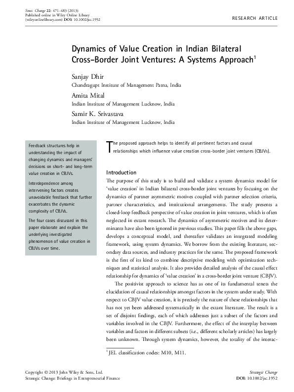 (PDF) Dynamics of Value Creation in Indian Bilateral Cross‐Border Joint ...