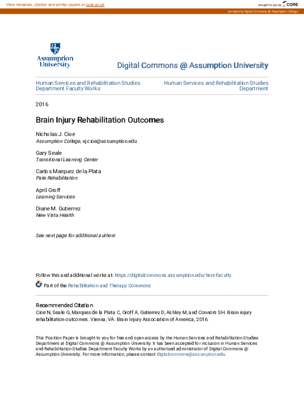 (PDF) Brain Injury Rehabilitation Outcomes
