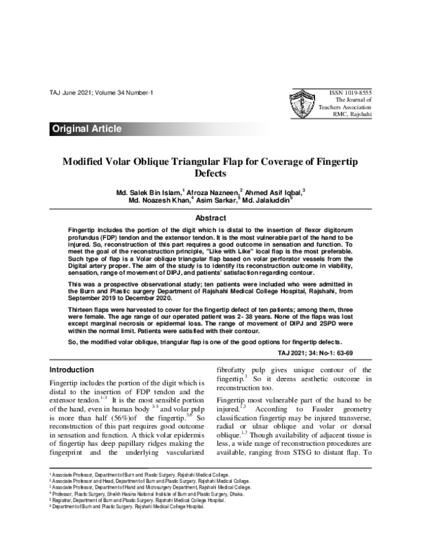 (PDF) Modified Volar Oblique Triangular Flap for Coverage of Fingertip ...