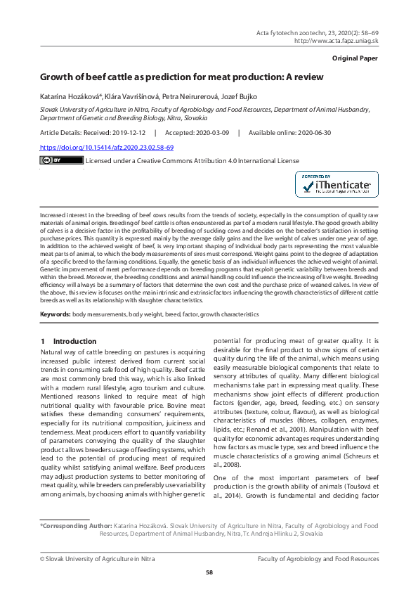 (PDF) Growth of beef cattle as prediction for meat production: A review